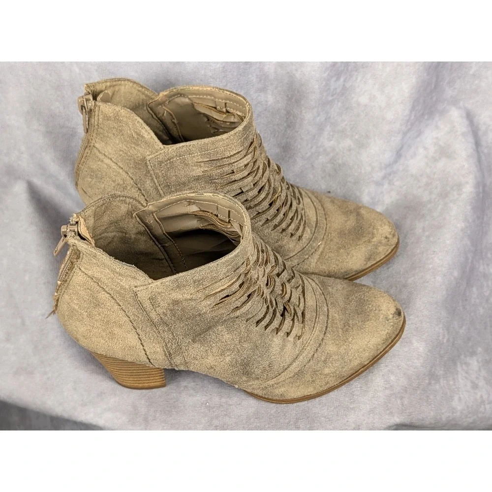 Fergalicious by Fergie Woven Lattice Ankle Boots Taupe Tan Block Heel Booties